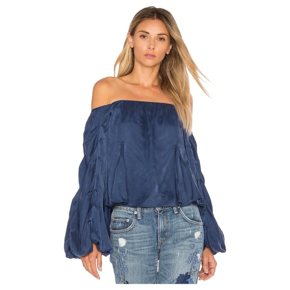 Lovers + Friends Laura Off Shoulder Blouse Womens Size Small Azure Blue Silky